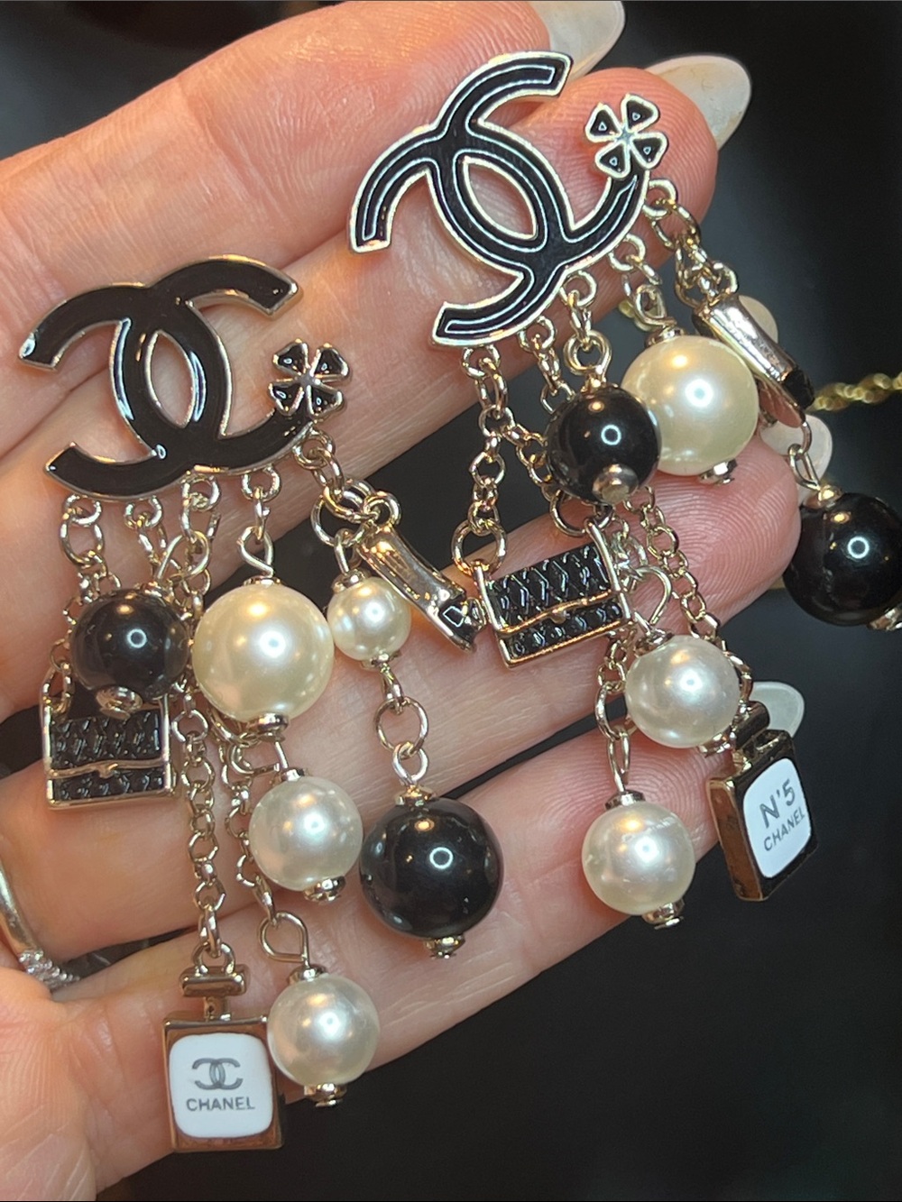 Gold-Tone Black & White Pearl Charm Drop Earrings